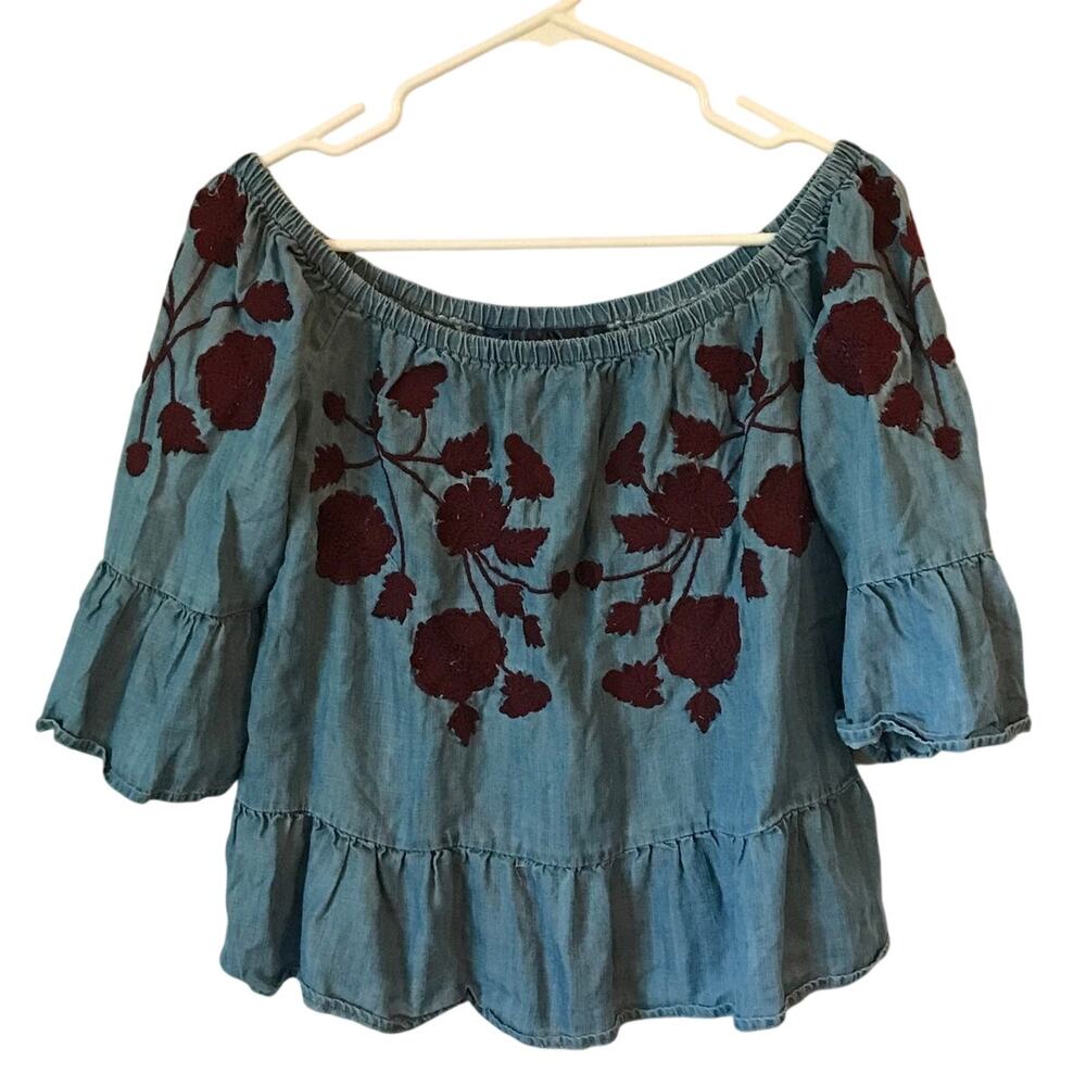 Denim Blouse Medium Women Crop Embroidery Floral Off Shoulder Peasant M